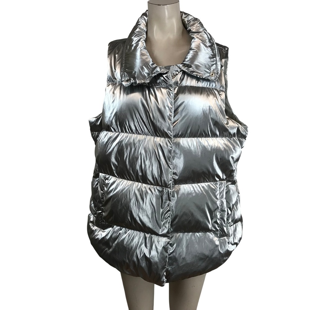 Athleta Downtown Metallic Silver Puffer Down Vest Women 1X